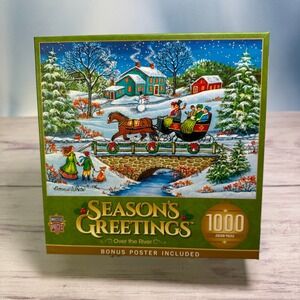 MasterPieces Over the River Puzzle 1000pc Green Winter Folk Art Holiday Sleigh